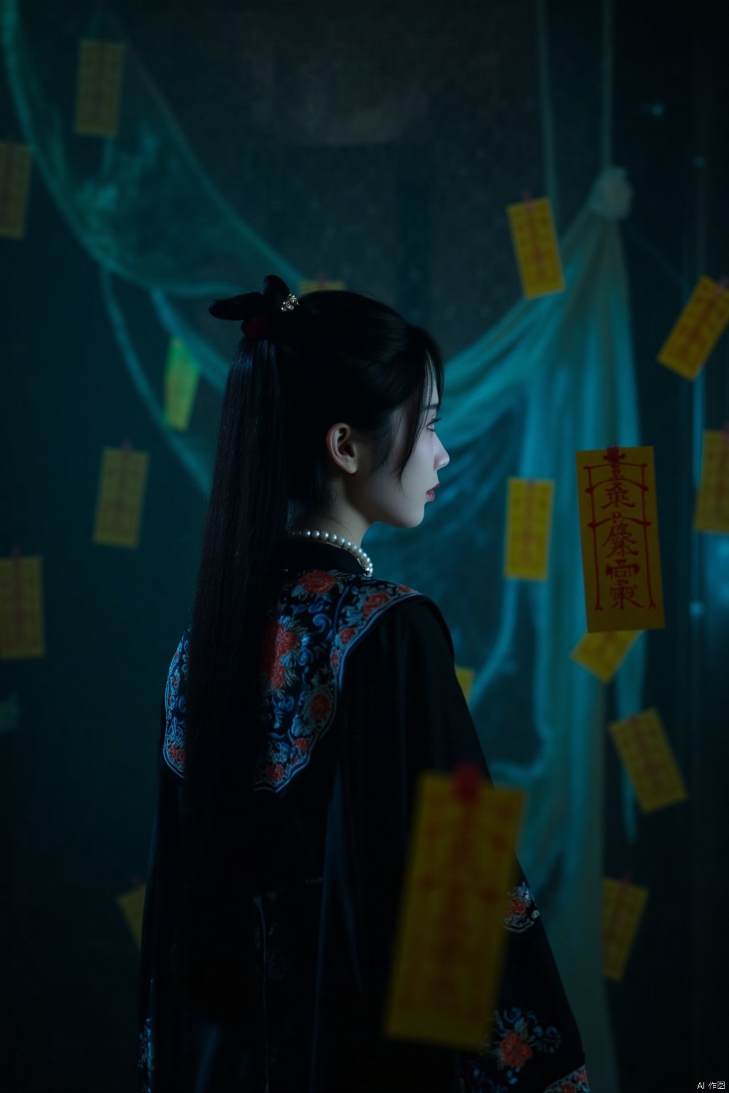 This is a high-resolution photograph featuring a young woman in a traditional Chinese costume, likely Han Chinese, set against a dimly lit, atmospheric background. She stands in profile, her back to the camera, with her long, straight black hair cascading down her back in a sleek ponytail. Her attire is a black silk jacket adorned with intricate embroidery in red, blue, and gold, with a high collar and long sleeves. She wears a string of pearls around her neck, adding a touch of elegance. Her delicate features are accentuated by a pale, smooth complexion, with striking, dark eyes and a subtle makeup palette that enhances her youthful appearance. The background is a mix of dark blues and greens, with a large, net-like structure draped overhead, adding a mystical element. Yellow paper notes are scattered throughout, seemingly attached to the net, adding an ephemeral quality. The scene is rich with textures, from the smooth silk of her clothes to the roughness of the netting, and the overall mood is one of serenity and intrigue.