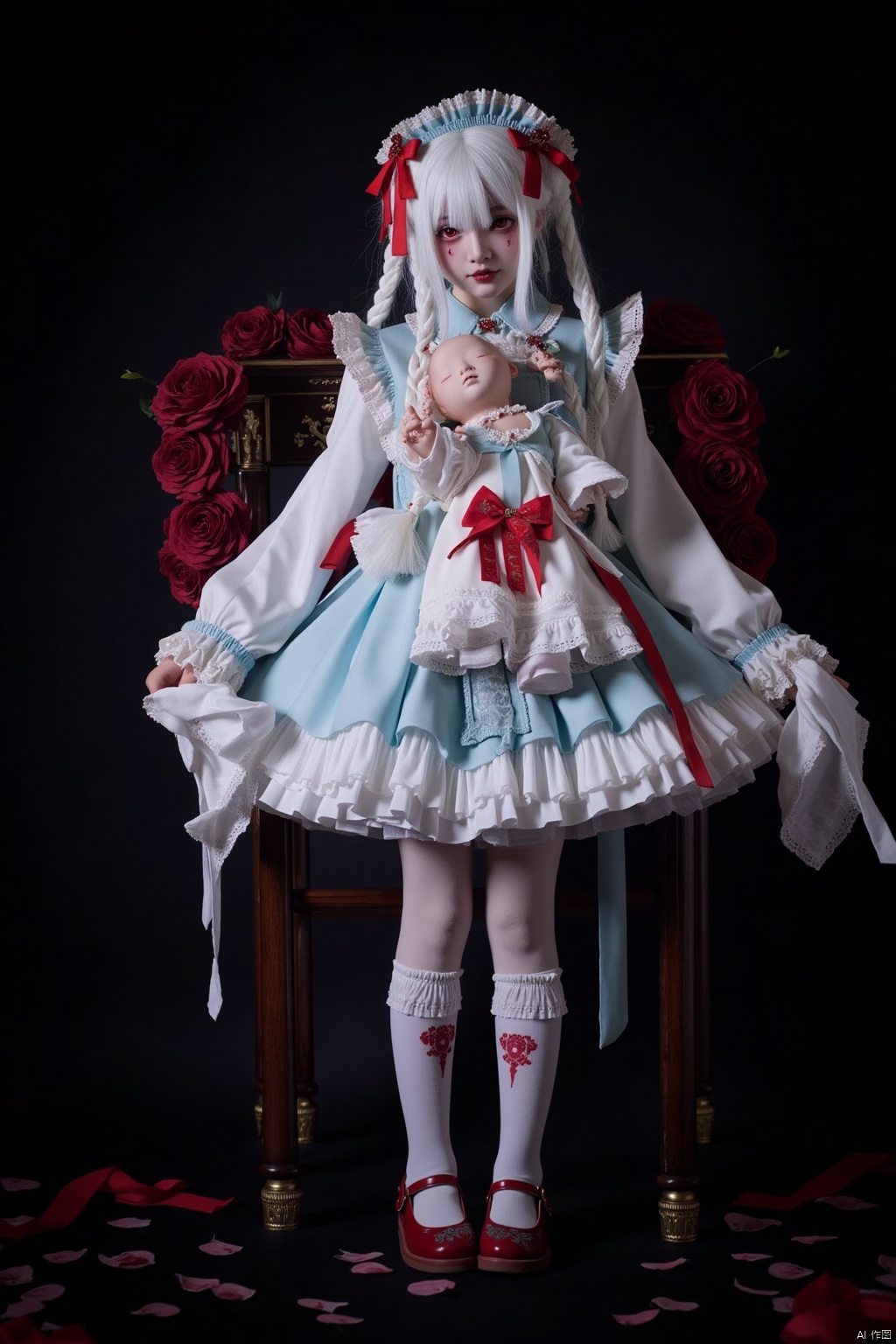 1girl,ghost,Pleated skirt,white long hair,red empty eyes,terrifying atmosphere,holding a huge doll,floral theme,dark background,