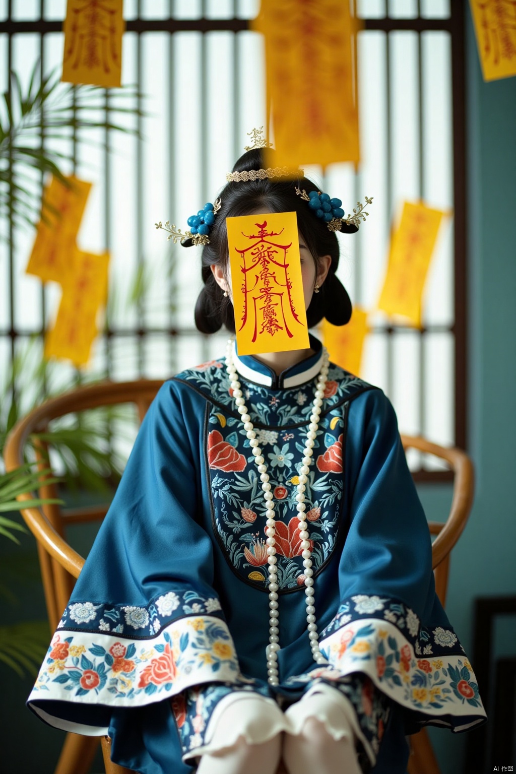 The photograph depicts a young East Asian woman with fair skin and delicate features, seated on a stool in an indoor setting with a modern, minimalistic interior. She is wearing a traditional Chinese robe adorned with intricate embroidery featuring floral and animal motifs in vibrant colors such as blue, red, and gold. The robe's sleeves are adorned with intricate designs, and the neckline is embellished with a long strand of pearls. The woman's hair is styled in a high bun, with a few loose strands framing her face.

Her face is partially obscured by a yellow paper lantern with Chinese characters, which adds a sense of mystery and intrigue. The lantern is suspended from the ceiling, and several other similar lanterns are scattered around the room, contributing to a festive atmosphere.

The background features a window with vertical blinds, allowing soft light to filter in, and a green plant with delicate leaves adding a touch of nature. The overall composition blends traditional and modern elements, creating a visually striking and thought-provoking image. The photograph's sharp focus and detailed textures emphasize the rich textures of the robe and the delicate features of the subject, while the contrasting elements of the setting add depth and complexity to the image.