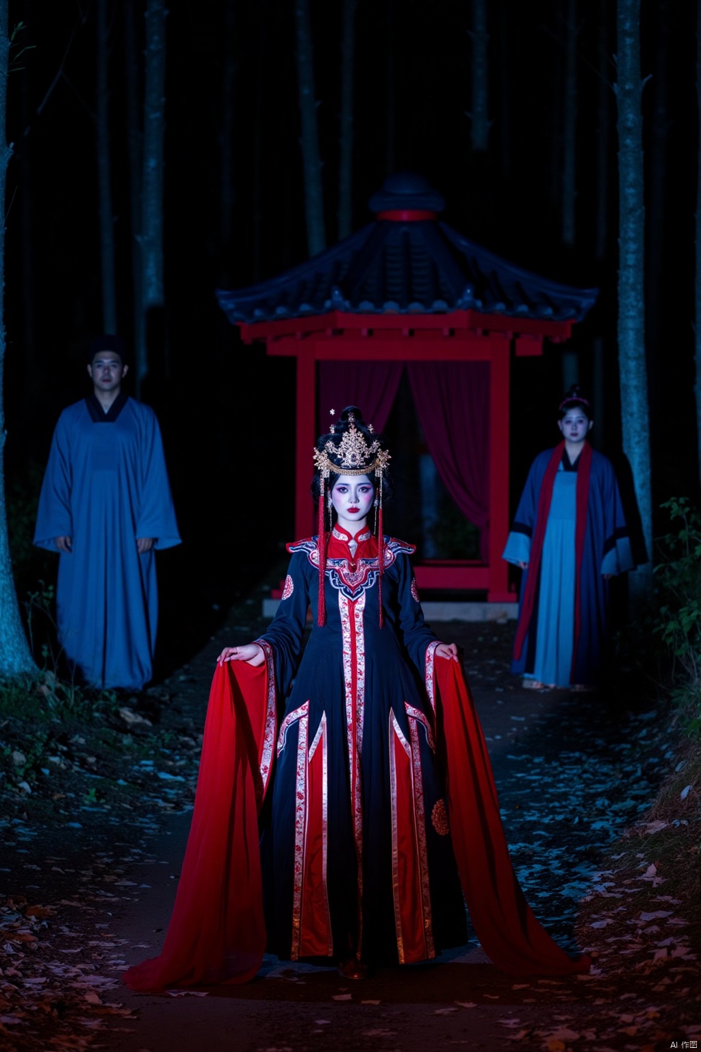 This is a photograph taken at night, featuring a dramatic scene set in a dark, forested area. The central figure is a woman wearing an elaborate, ornate costume in deep red and blue hues. She stands on a dirt path, surrounded by tall trees with their dark outlines visible in the background. Her attire is rich with intricate embroidery and layers, creating a majestic, almost regal appearance. Her face is adorned with heavy makeup, including dark eyeliner and red lipstick, enhancing her dramatic expression. She holds a long, flowing cape in her hands, which trails behind her.

To her left, a man in traditional Chinese attire stands with a solemn expression, wearing a blue robe with red accents. Behind them, another man and woman are dressed similarly in blue and red robes, standing in front of a red, ornate pavilion with a canopy. The scene is illuminated by a blue and red light, casting a surreal, otherworldly glow on the figures and the surrounding foliage. The ground is covered with scattered leaves and twigs, adding to the natural, yet eerie ambiance. The overall effect is a blend of ancient and modern, with a touch of fantasy and mysticism.