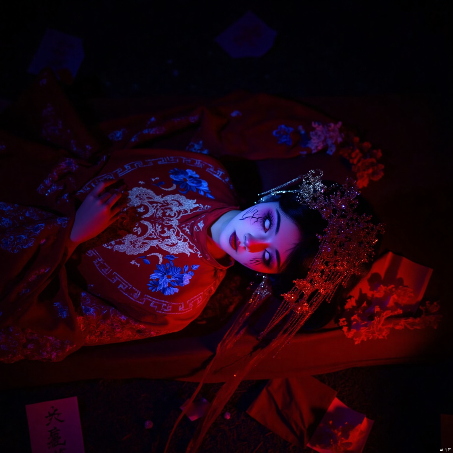 dark, Chinese Horror, Female character lying on a coffin, red wedding dress, ghost bride, fantasy horror theme, traditional dress, red and gold gown, blue flowers, ornate headdress, light makeup, dark atmosphere, mysterious, vertical composition, close-up, sharp focus, high contrast, digital art, intricate details, eerie atmosphere, pastel colors with blue and red highlights. Top angle