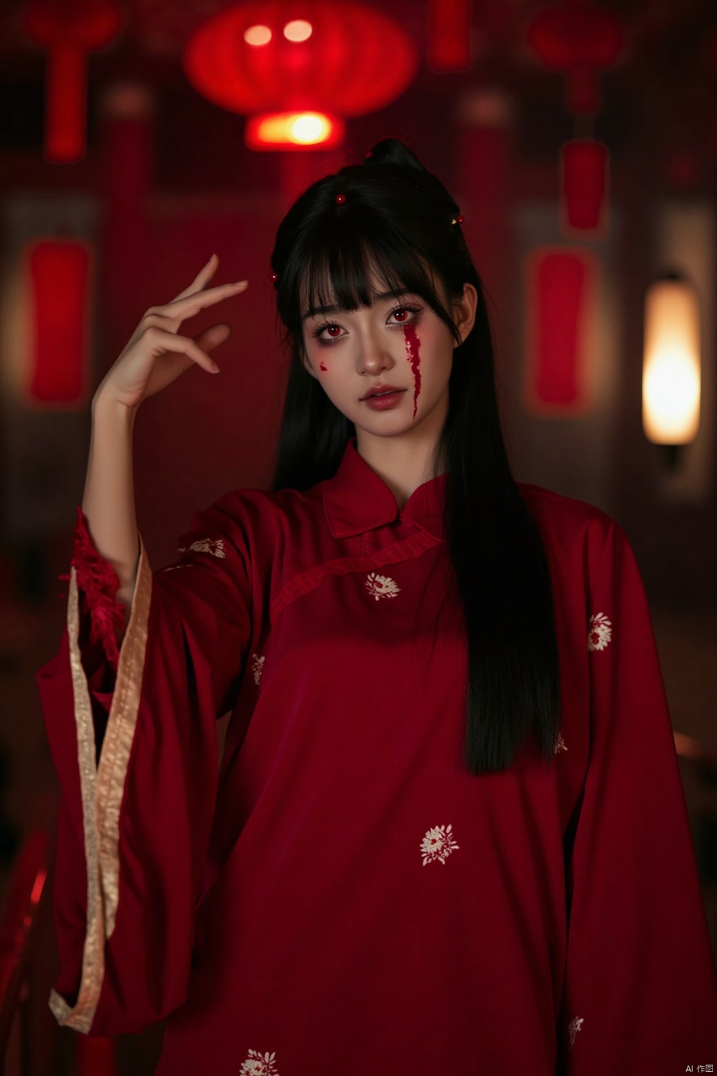 modern,1woman,solo,beautiful,nice eyes,red eyes,black hair,long hair,long bangs,Tears of blood,Red nightdress,red clothes,Handheld lantern,arms_up,Many red lanterns,classroom background,hallway,Mottled blood,evil grin,look at the camera,half body,stand,clear face,close-up,Horror tone,highly detailed,wallpaper,8K,shoulder,The waist,arse,thigh