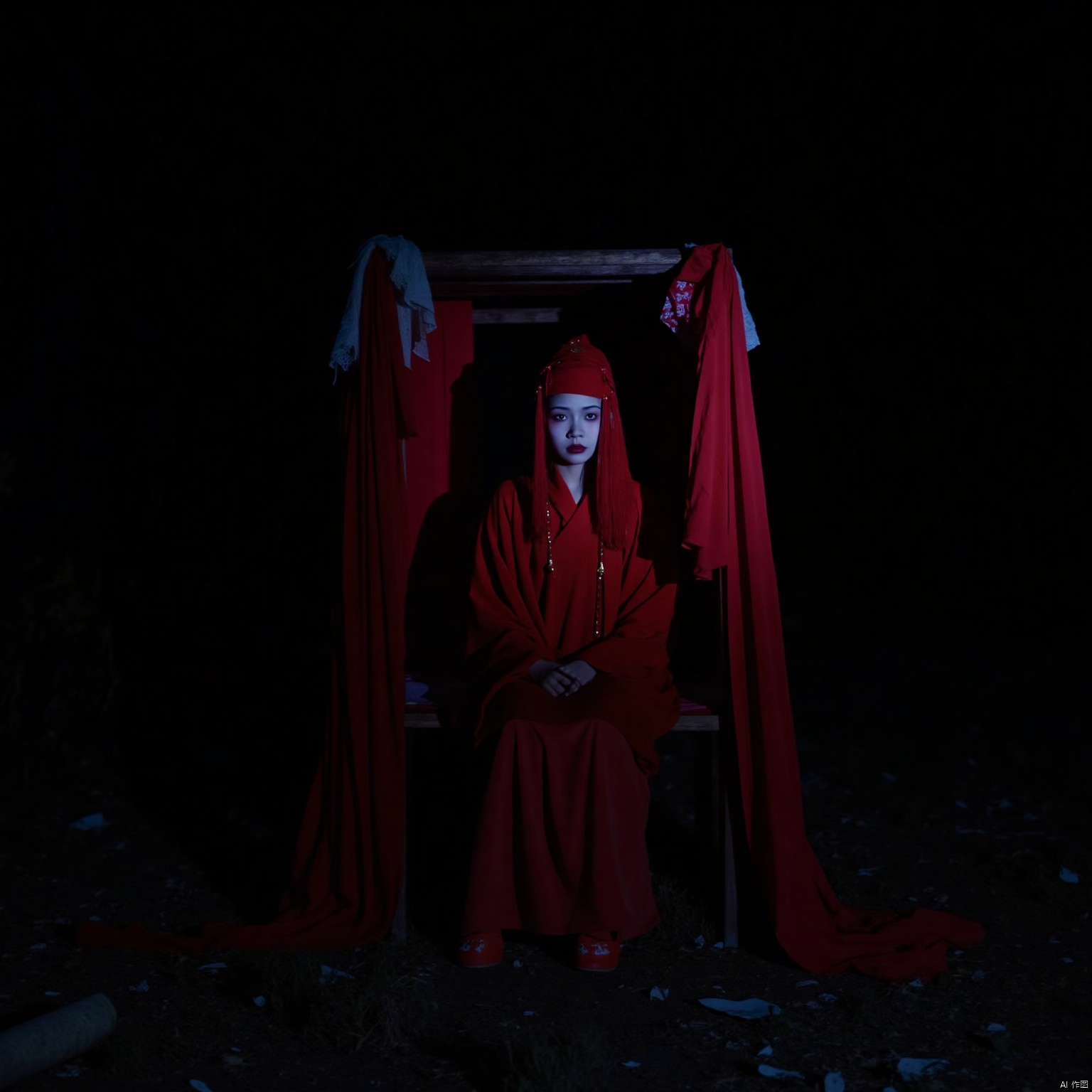 Dark, Chinese style, Ghost Bride, SOLO, Wild Ridge, Red Clothing, Red Veil, Red Shoes, Sitting on a sedan chair, Expressionless, Suspicious Perspective, Dim Light