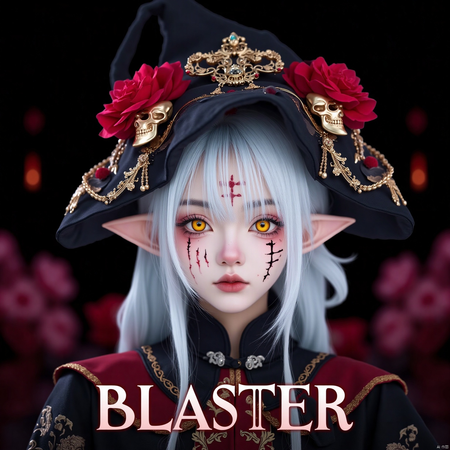 This is a digital illustration of a fantastical character with an anime style. The character is a humanoid elf with pale skin and pointed ears, wearing a dark, ornate headdress adorned with red flowers and a black skull. The headdress is intricately designed with gold and black elements, including a skull and a decorative golden ring. The character's eyes are yellow, with a piercing gaze, and adorned with red and black makeup patterns. They have long, straight, silver hair with a hint of blue, and their face is framed by a black mask-like structure that covers the nose and mouth, with a slit for the mouth. The character's attire is a dark, high-collared jacket with intricate, gold patterns, and the sleeves are adorned with gold and red designs. The background is a dark, abstract design with hints of red and gold, enhancing the character's mystical appearance. The overall color palette is dominated by dark shades with gold and red accents, giving it a dark, mysterious feel. The name "BLASTER" is written in bold red letters at the bottom right, indicating the character's name. 