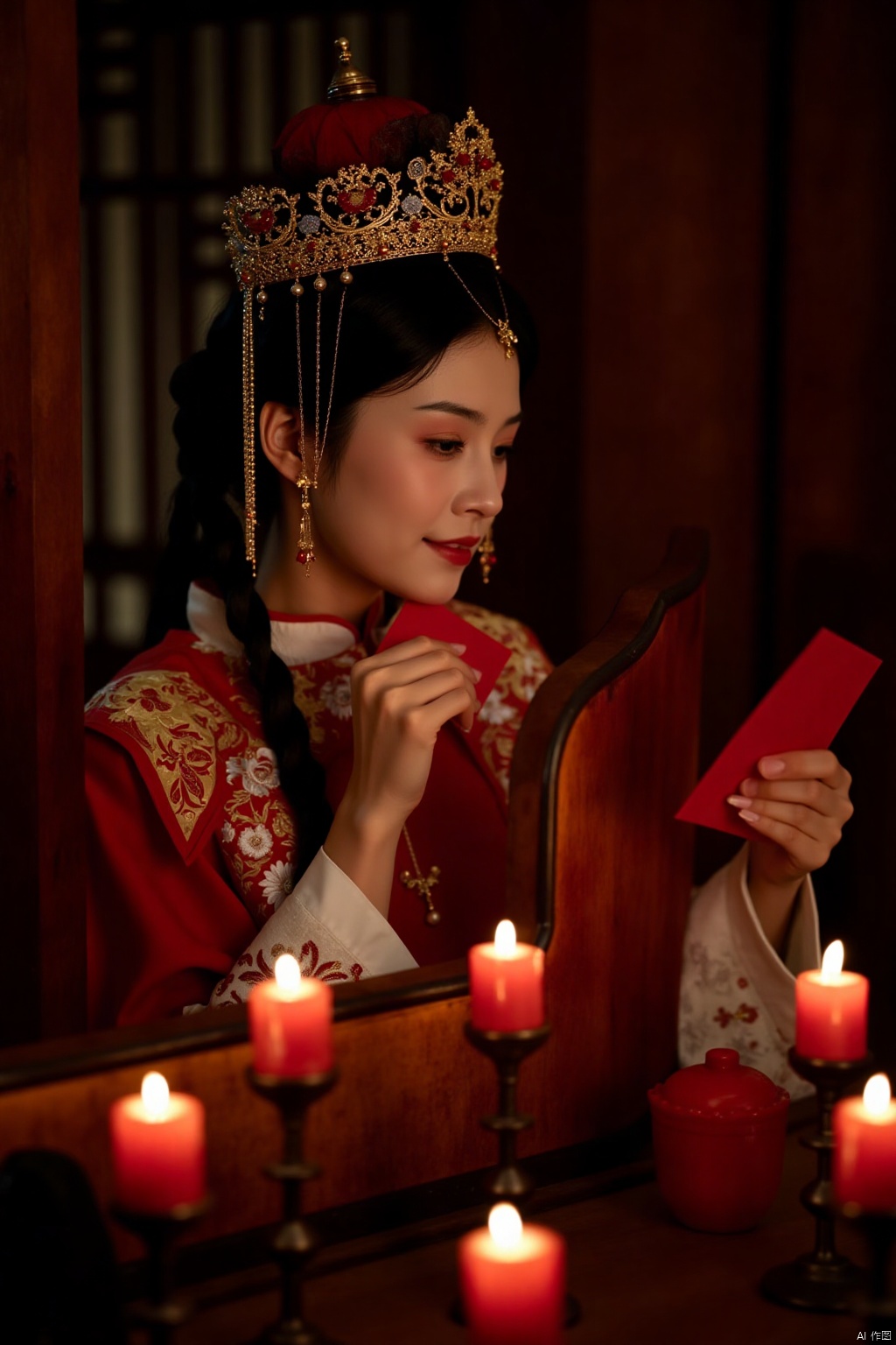This is a highly detailed, realistic photograph featuring a young Asian woman with light skin and delicate features. She is dressed in traditional Chinese attire, adorned with intricate, elaborate embroidery and a golden crown-like headdress. The headdress is adorned with delicate gold filigree and flowers, adding to the regal and ceremonial nature of her attire. She is seated at a wooden table with a mirror in front of her, which reflects her image. The mirror is ornately decorated with red and gold designs, adding to the opulent atmosphere.

The woman is holding a red card in her right hand, which she is bringing close to her face, as if reading it. The table is lit by several red candles, casting a warm, intimate glow. The background features a traditional Chinese screen with intricate patterns, and the overall ambiance is rich and elegant. The woman's expression is serene and focused, adding to the sense of contemplation and reverence.

The photograph is taken in a dimly lit room, with a soft, warm color palette dominated by red and gold, creating a cozy, intimate setting. The textures of the fabric, the intricate details of the headdress, and the flickering candlelight enhance the overall luxurious and nostalgic feel of the image.