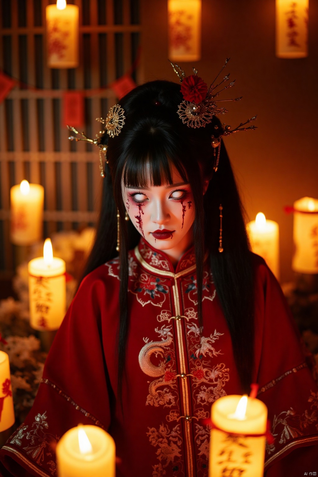The image is a highly detailed, hyperrealistic photograph of a young woman with a pale, almost ghostly complexion. She has dark, shoulder-length hair styled in an elaborate updo adorned with gold and red ornaments. Her eyes are painted in a stark white, giving her an eerie, haunting appearance. She wears a traditional East Asian-inspired red dress with intricate gold embroidery and a high collar, evoking a vintage, historical aesthetic. The dress is adorned with a golden dragon motif, adding to the regal, otherworldly vibe. 

Her face is smeared with red and black makeup, creating a macabre effect, and she has a small, bloodied cut on her forehead. The woman's expression is one of intense focus or concentration, with her lips slightly parted and eyes wide open. 

In the background, a dimly lit room is filled with a warm, golden glow from multiple candles, casting a soft, flickering light on her. The candles are arranged in a semi-circle around her, creating a sense of intimacy and mystique. The setting suggests a ritualistic or ceremonial ambiance. The overall composition is rich in texture and detail, with a gothic, surreal quality.eating a vibrant and richly textured setting. The lanterns are intricately designed, with some featuring intricate calligraphy and others with traditional Japanese motifs.

The overall composition and lighting create a harmonious blend of traditional and modern elements, emphasizing the rich cultural heritage of Japan. The scene is visually striking and evocative, capturing a blend of tradition and modernity in a unique and artistic way.