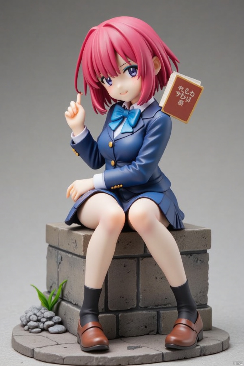 A figure made of PVC,a figurine of an anime girl is seated on a concrete surface. She is dressed in a blue uniform,adorned with a blue bow tie,black socks,and brown shoes. Her hair is a vibrant shade of pink,adding a pop of color to the scene. The figurine is holding a book in her right hand