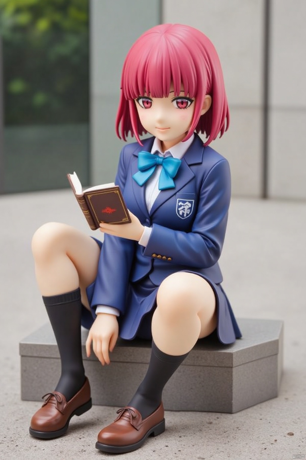 A figure made of PVC,a figurine of an anime girl is seated on a concrete surface. She is dressed in a blue uniform,adorned with a blue bow tie,black socks,and brown shoes. Her hair is a vibrant shade of pink,adding a pop of color to the scene. The figurine is holding a book in her right hand