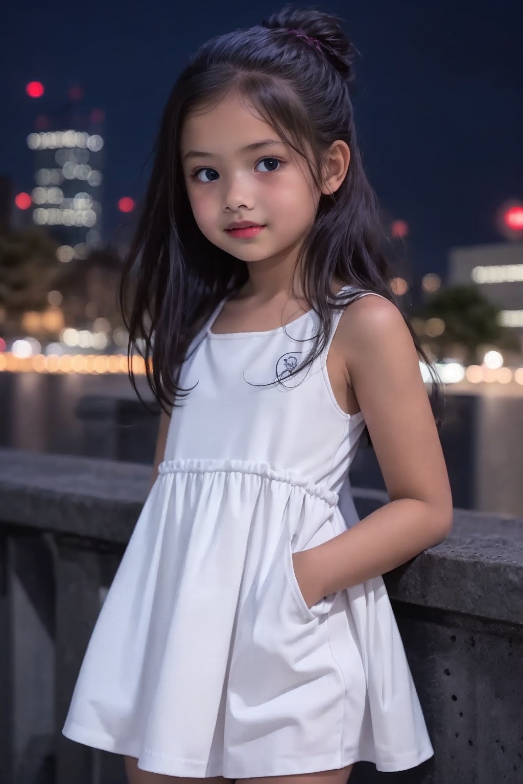 young girl 9year old,  mini white dress,  on the night city on Tensor.Art