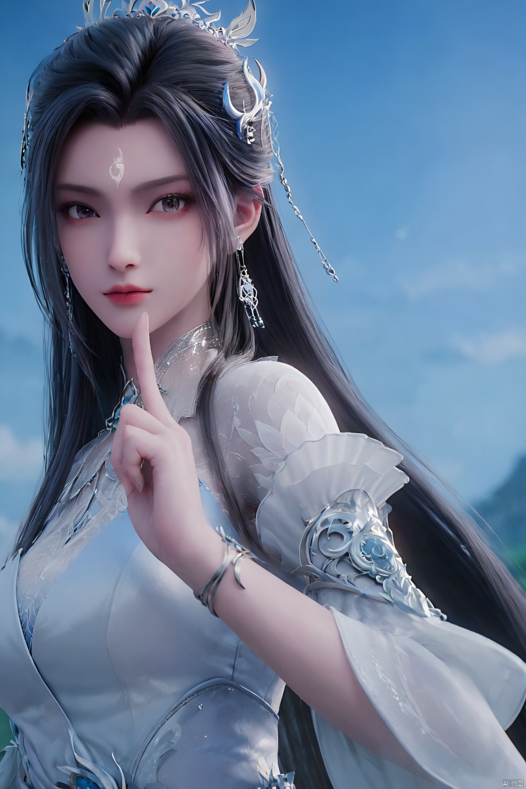 score_9_up,score_8_up,score_7_up,1girl, solo, long hair, looking at viewer, black hair, hair ornament, dress, jewelry, upper body, earrings, sky, white dress, bracelet, blue sky, blurry background, facial mark, index finger raised, forehead mark,Perfect composition,LXQ, 