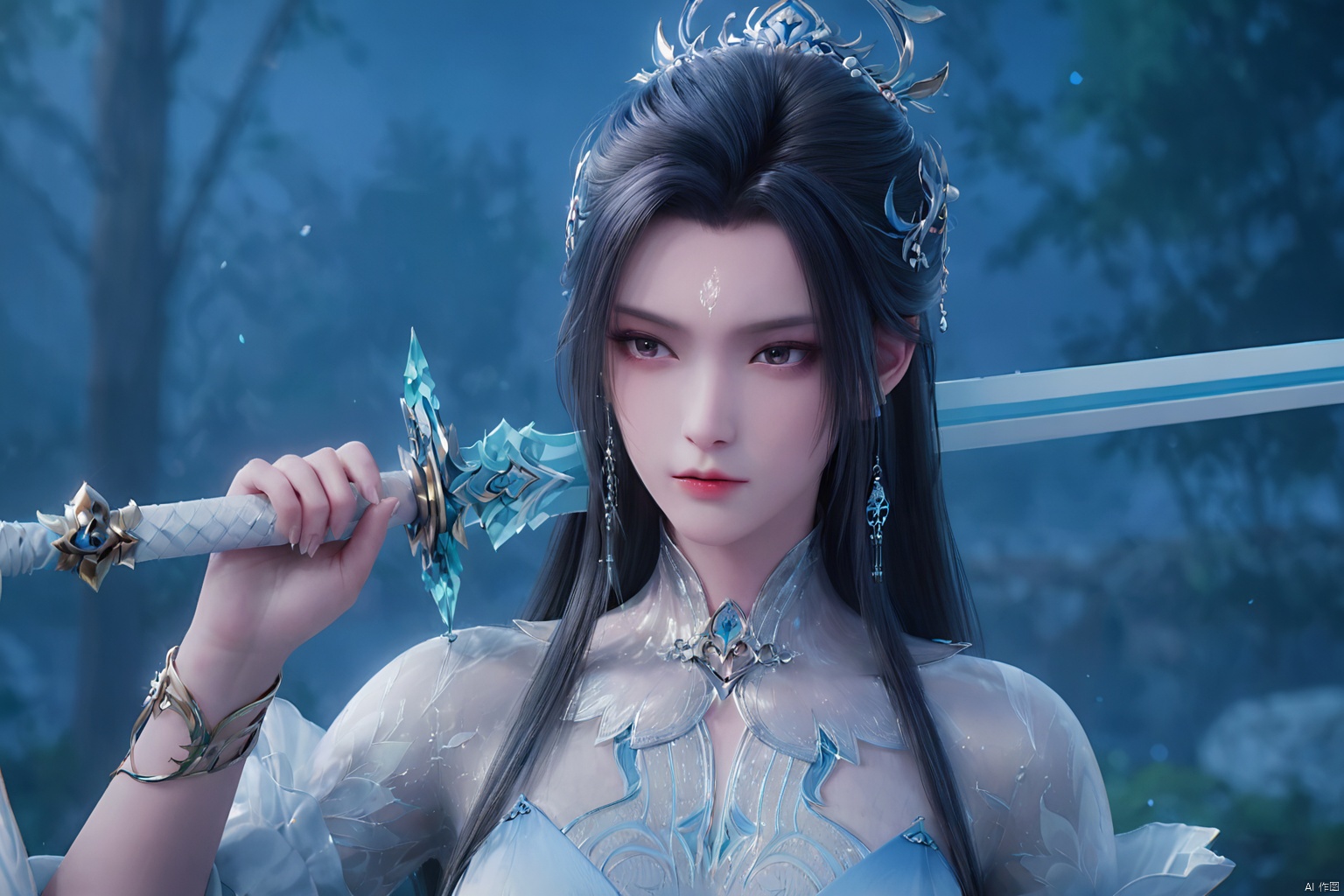 score_9_up,score_8_up,score_7_up,1girl, solo, long hair, black hair, hair ornament, dress, jewelry, closed mouth, upper body, earrings, hair bun,  white dress, bracelet, blurry background, facial mark, expressionless, (holding sword:1.2), chinese clothes, forehead mark,Perfect composition,LXQ, 