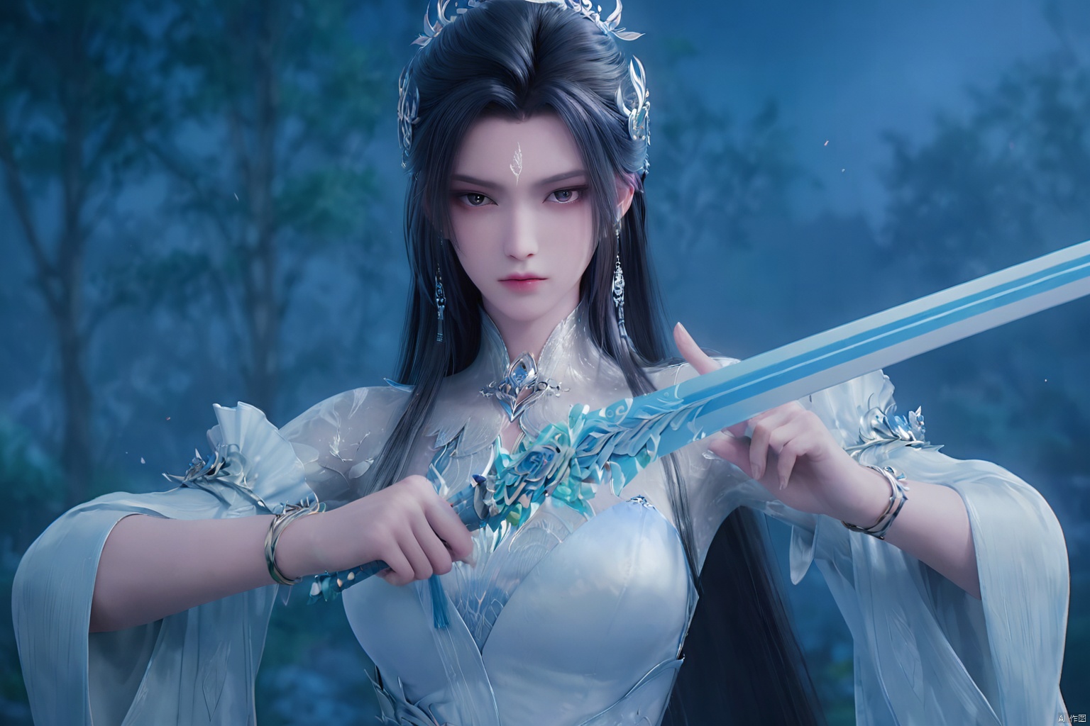 score_9_up,score_8_up,score_7_up,1girl, solo, long hair, black hair, hair ornament, dress, jewelry, closed mouth, upper body, earrings, hair bun,  white dress, bracelet, blurry background, facial mark, expressionless, (holding sword:1.2), chinese clothes, forehead mark,Perfect composition,LXQ, 