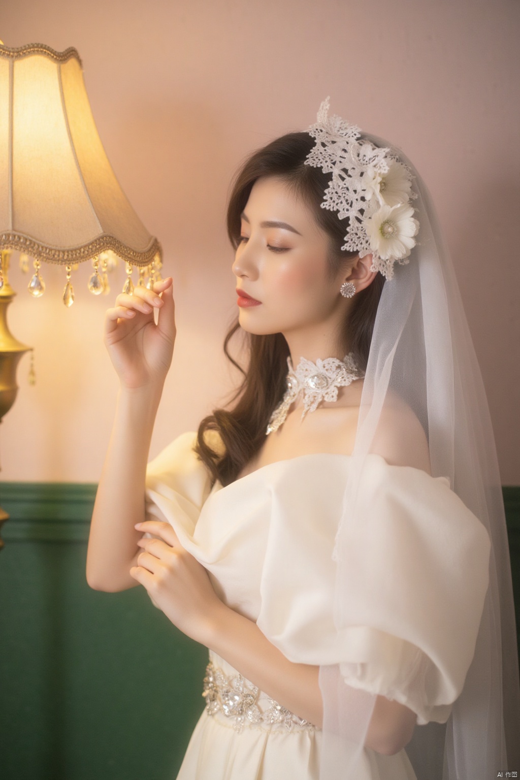 a woman dressed in a white wedding dress, adorned with a white veil adorned with white flowers. Her hair is pulled back in a ponytail, adding a touch of beauty to her face. Her eyes are closed, as if she is looking down at the lamp. The lamp is adorned with gold chains hanging from the top of the lampshade. The wall behind her is painted a light pink, and a green couch is visible in the background.HK film style,Wong Kar wai's film style,Vintage Hong Kong movie color scheme