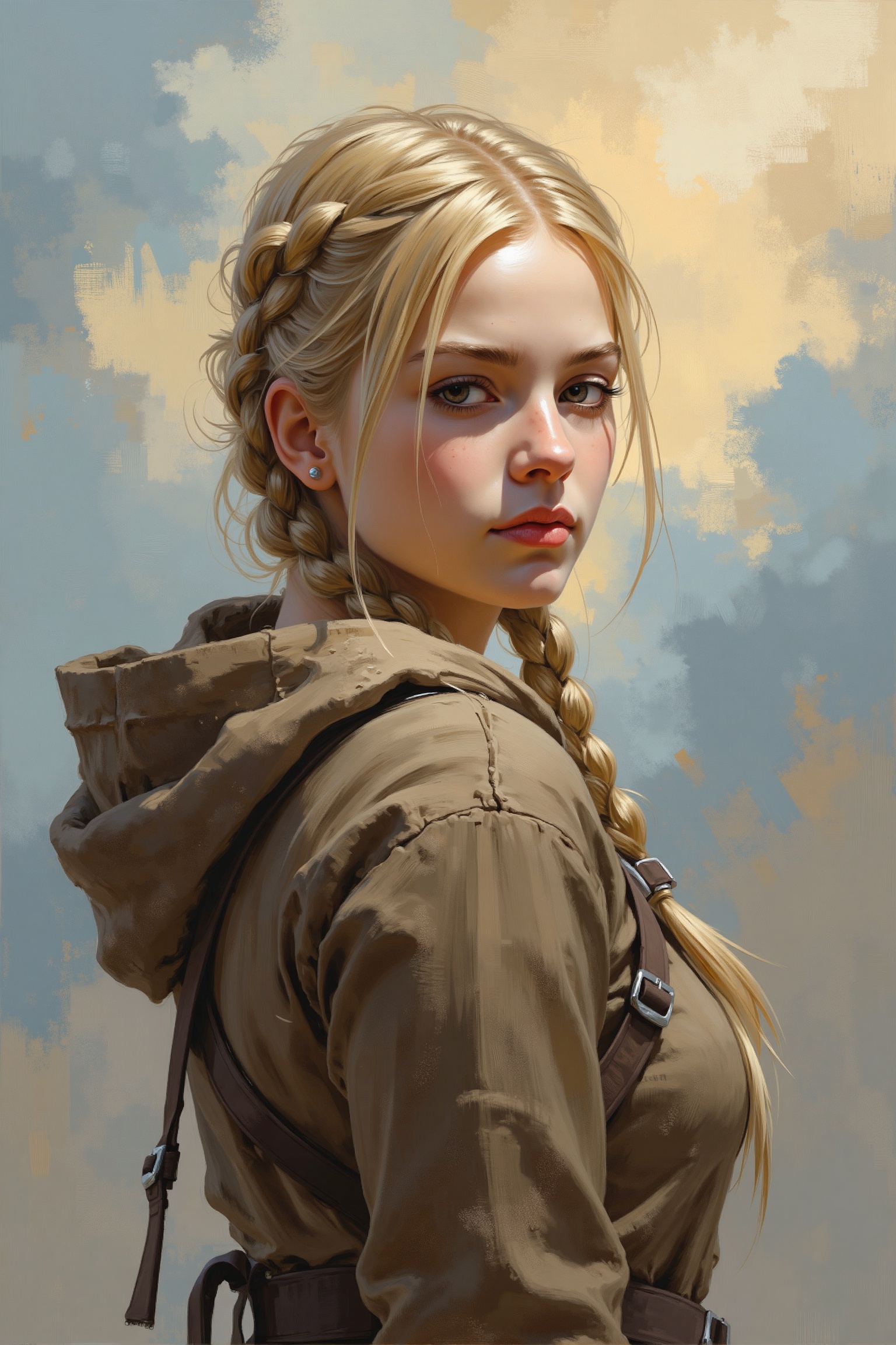 This is an evolyzed painting of a young woman with a serene expression,  captured in an impressionistic style. The woman h...