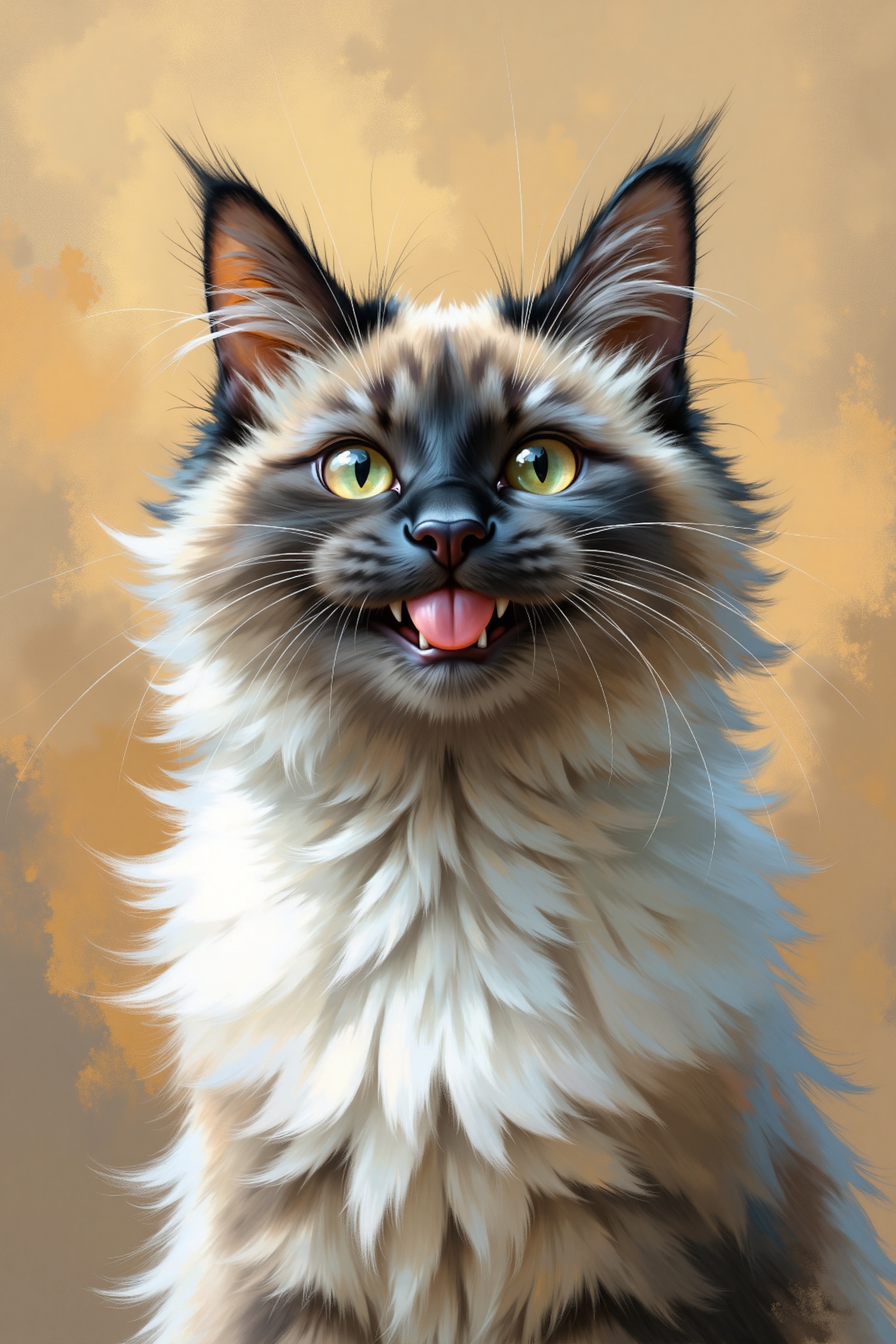 An evolyzed image depicting a playful,  birman cat with a vivid,  expressive face. The cat's fur is depicted with a highly...