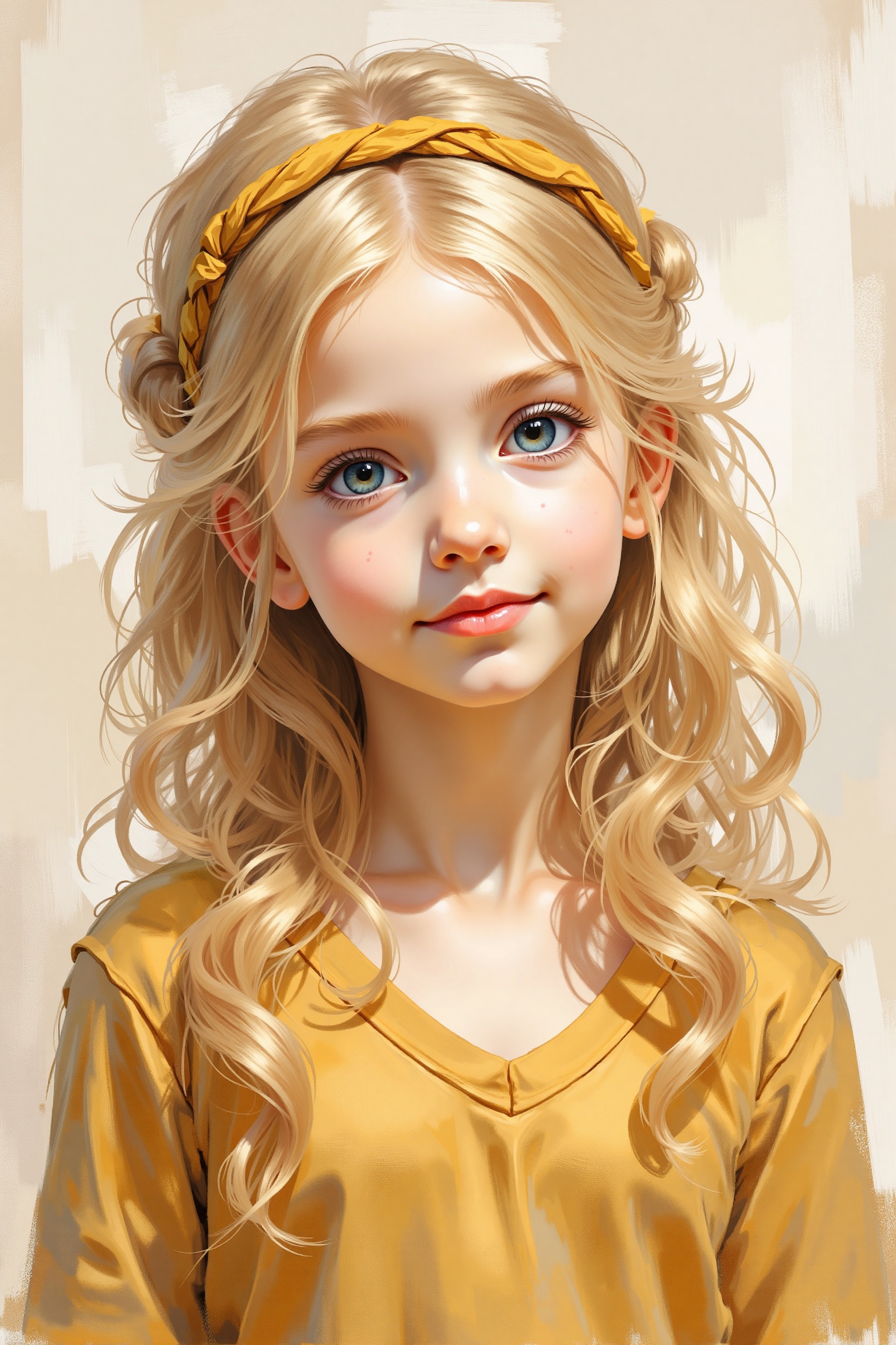 A high-resolution evolyzed illustration of a young girl with a fair complexion and long,  wavy blonde hair. Her hair is st...