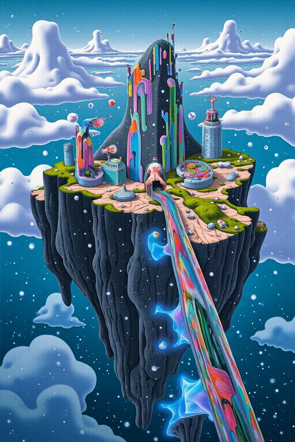 An energy bridge spans a chasm between floating islands,  connecting a vibrant cityscape that hovers among the clouds. on...