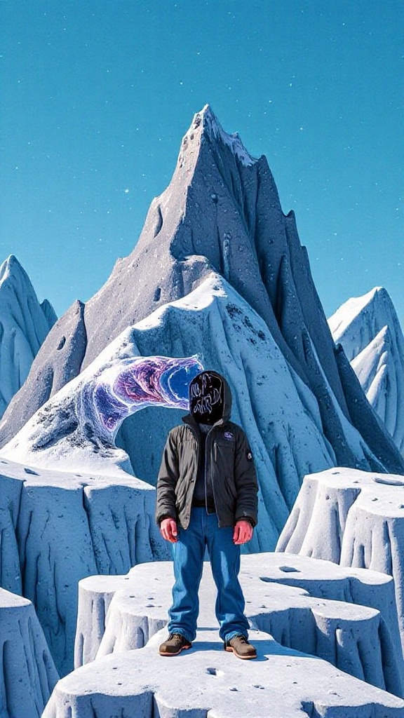 a man standing on a glacier with a mountain in the background on Tensor.Art
