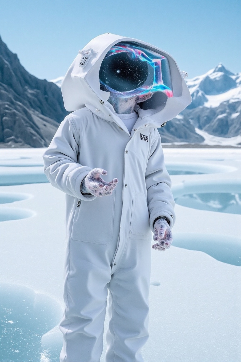 Closeup portrait of a man,  dressed in a white hazmat suit,  standing on a glacier with a mountain in the background on Te...