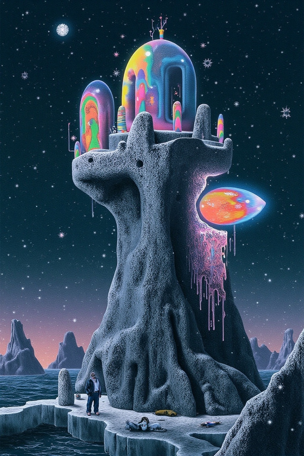 A sprawling metropolis stretches skyward,  buildings intertwined with towering trees,  a harmonious fusion of nature and t...