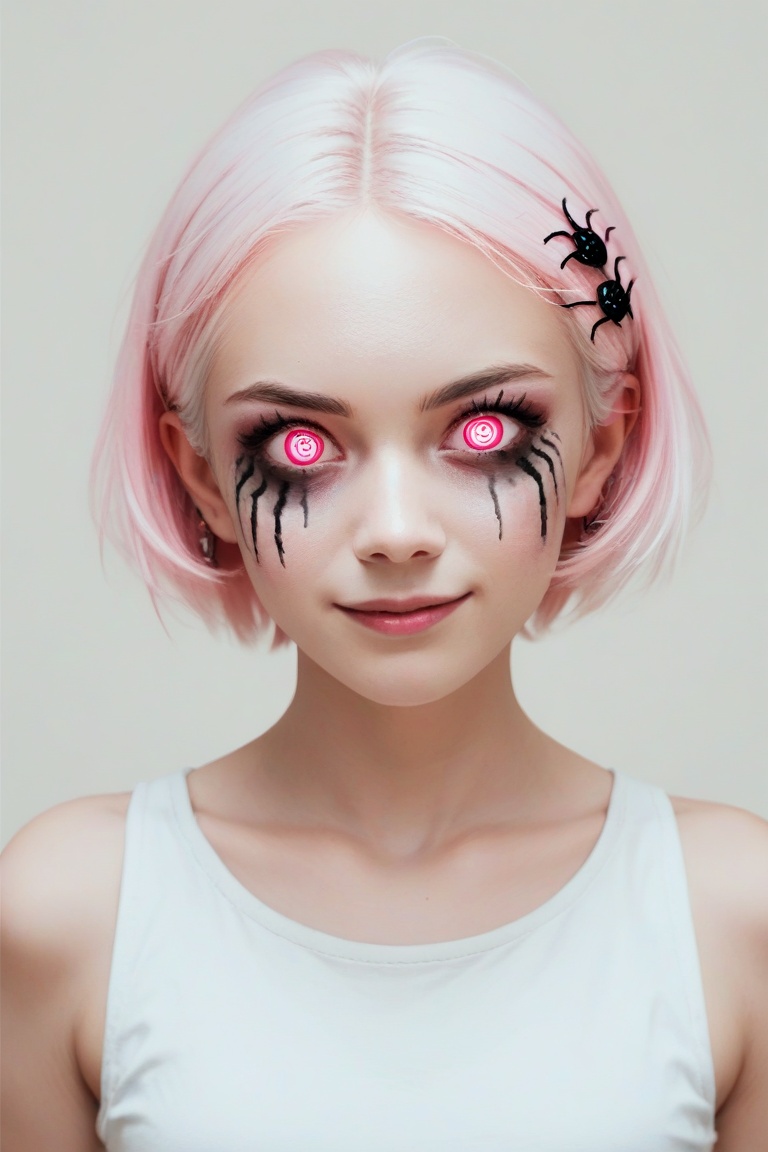 score_9, score_8_up, score_7_up, White hair. Short hair. Inner pink hair. Anime girl. Pink eyes. Glowing eyes. Nekomimi. Smilling wink. Tanktop. Small breast. Hairpin,spiderface makeup