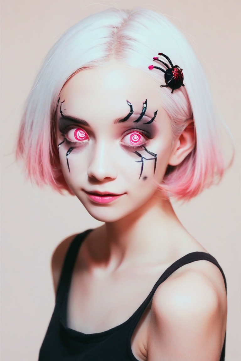 score_9, score_8_up, score_7_up, White hair. Short hair. Inner pink hair. Anime girl. Pink eyes. Glowing eyes. Nekomimi. Smilling wink. Tanktop. Small breast. Hairpin,spiderface makeup