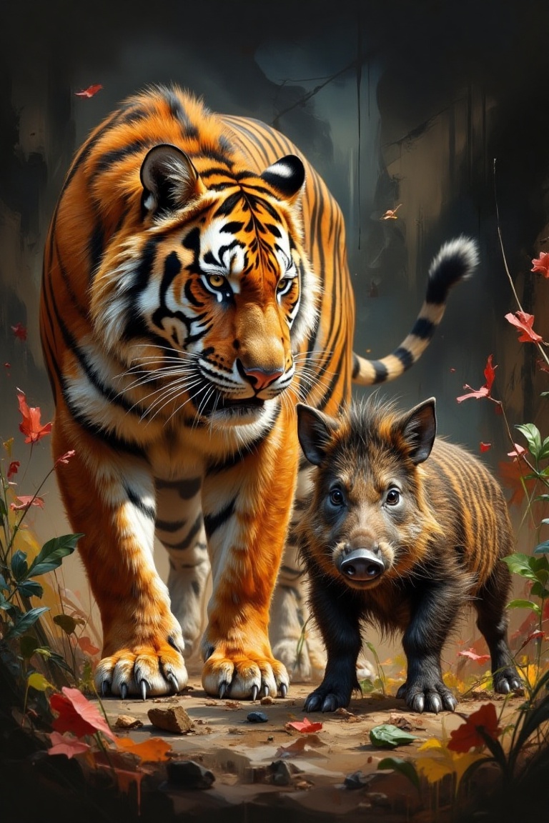 A majestic tiger,  its orange fur glistening in the warm sunlight,  crouches low to the ground as it stalks its prey. A sl...