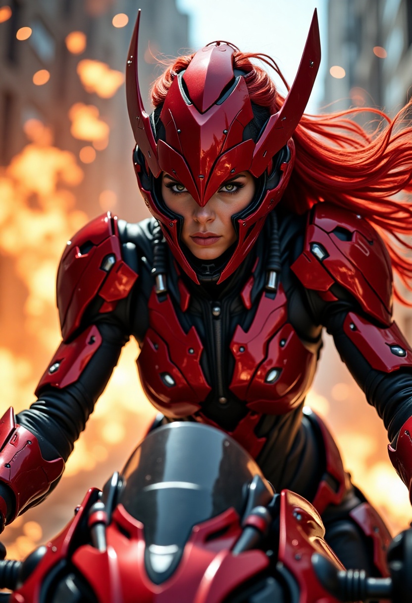 close up head portrait of a arrior woman wearing a metallic red futuristic armor. wind blowing her red long hair,  riding...