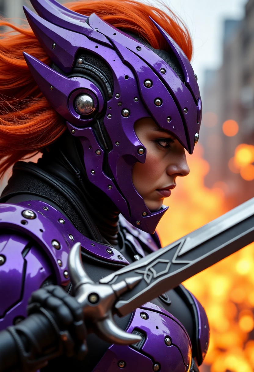 Close-up shot of a warrior woman's determined face,  intricate facial textures magnified as she wears a metallic purple he...