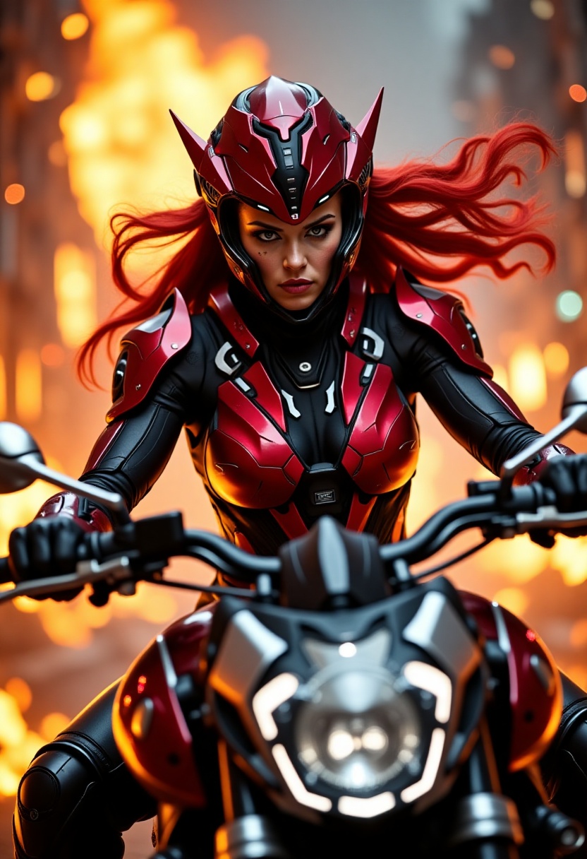 A fierce warrior woman sits atop a sleek,  metallic motorcycle,  metallic futuristic helm on Tensor.Art