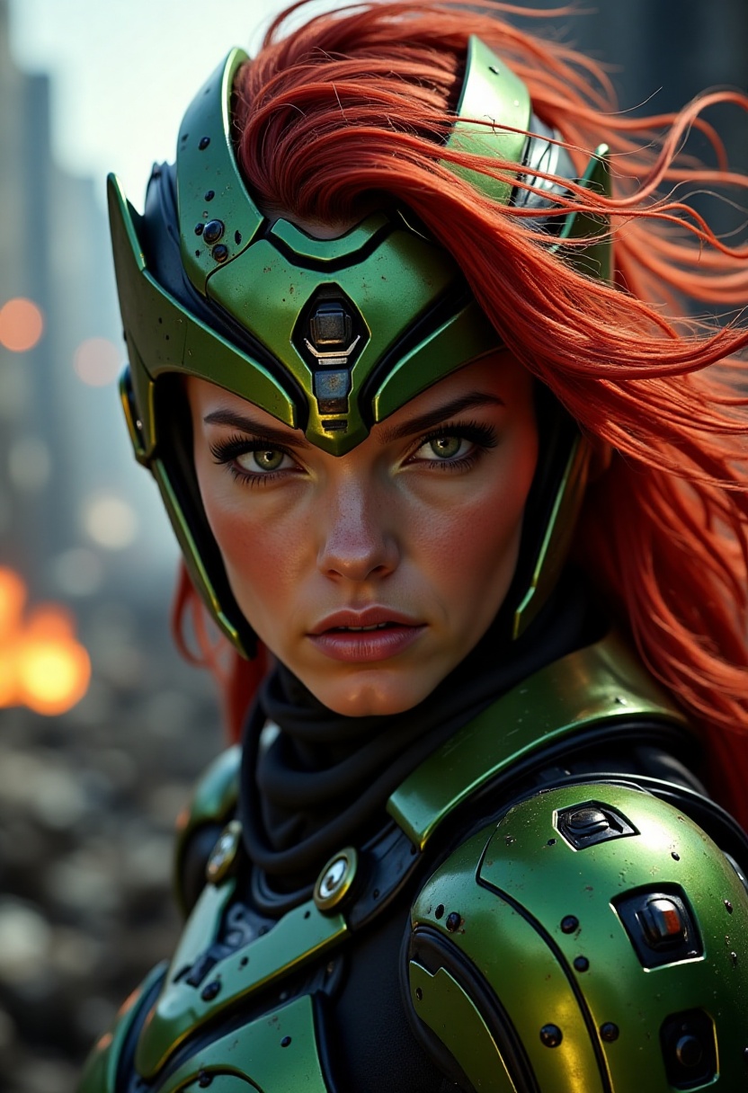 Close-up shot of a fierce warrior's visage,  illuminated by the fiery glow of nearby explosions,  as she stands defiantly...