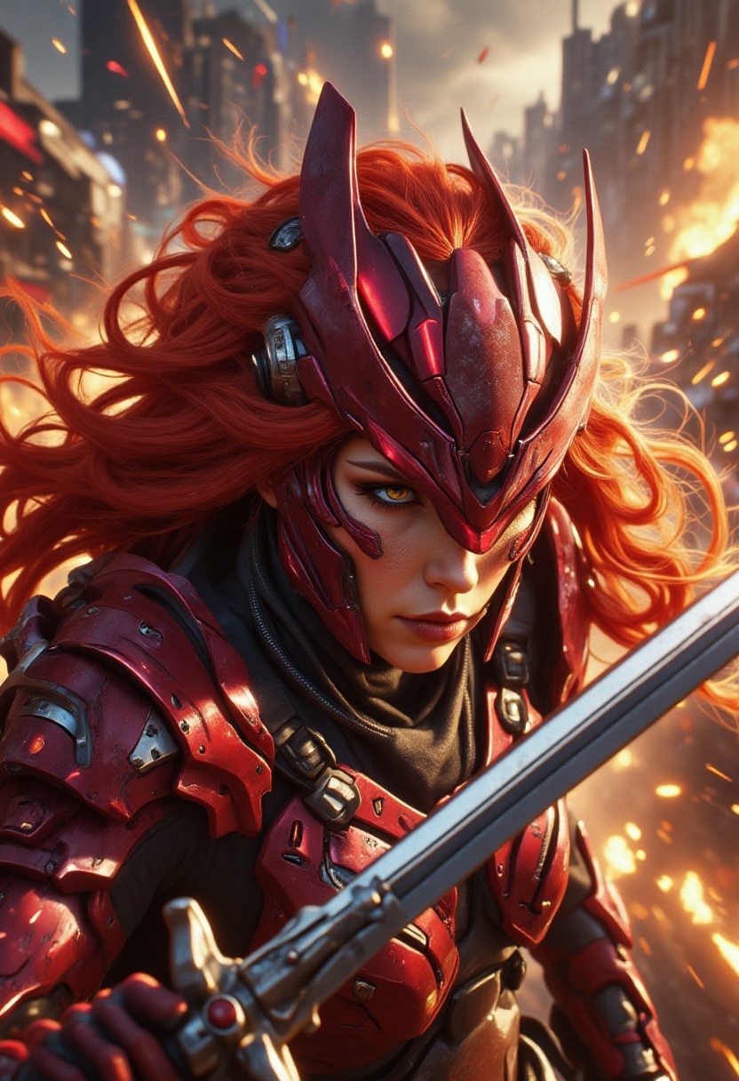 Close-up headshot of a fierce warrior woman,  her face aglow with intricate texture details as she wears a metallic red he...