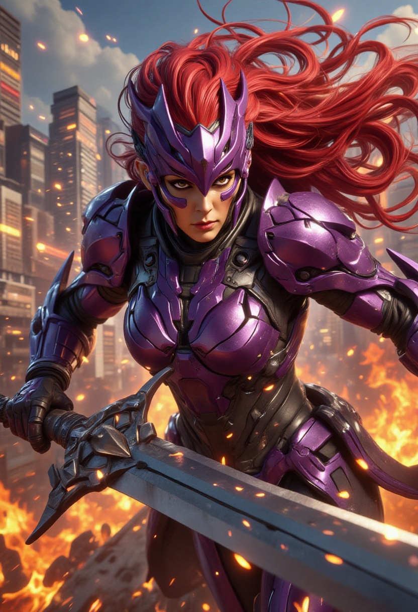 Close-up shot of a warrior woman's determined face,  intricate facial textures magnified as she wears a metallic purple he...