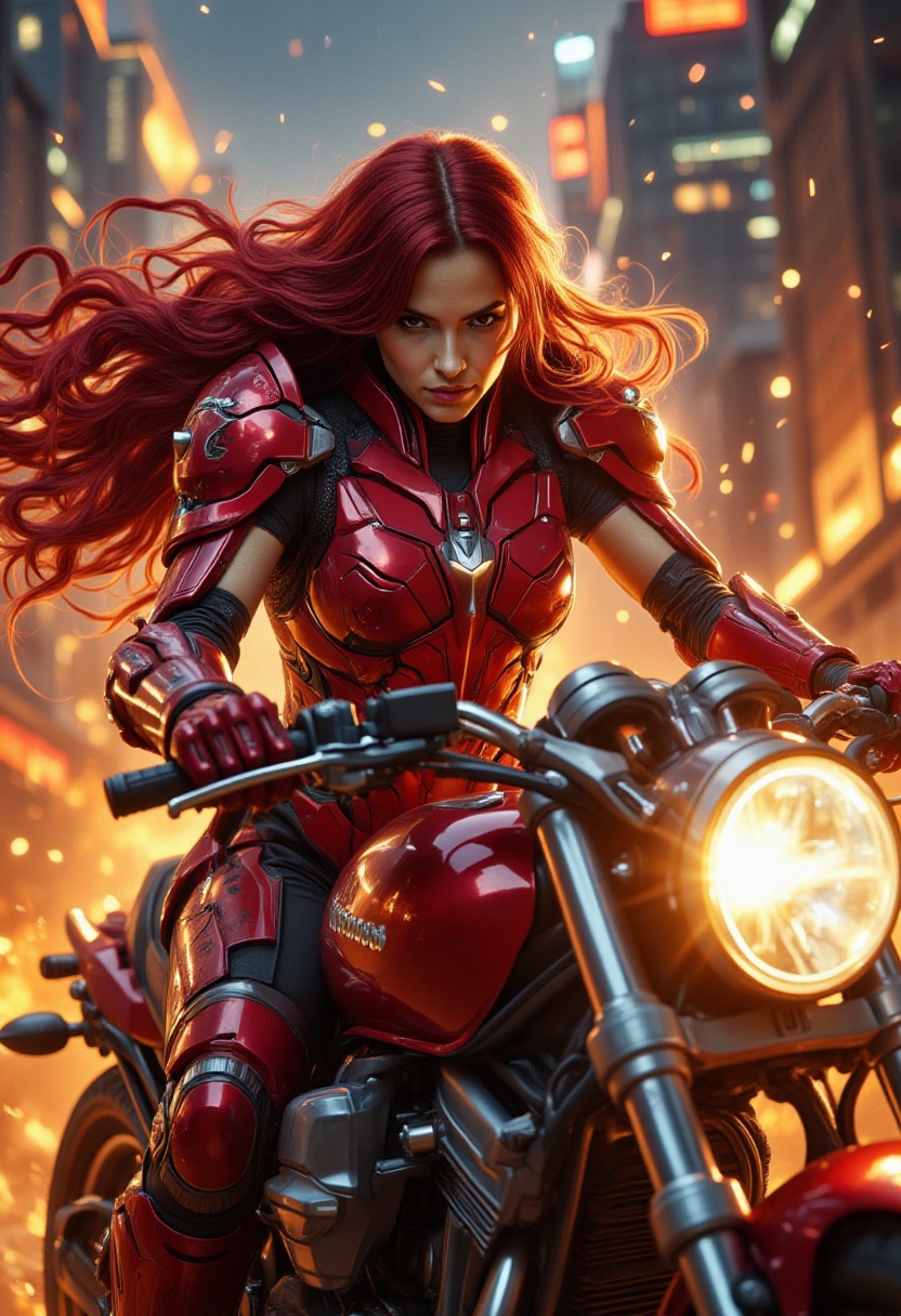 A fierce warrior woman sits atop a sleek,  metallic motorcycle,  her striking features illuminated by the fiery glow of fl...