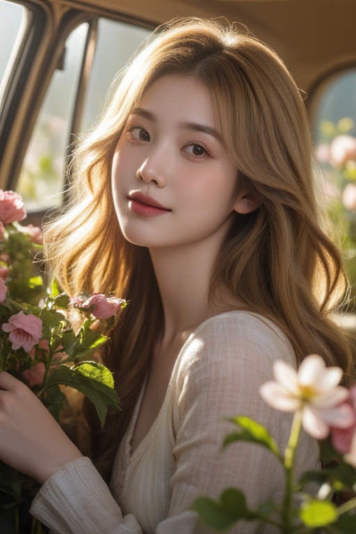 In the snug interior of a vintage convertible,  a young girl with cascading golden curls leans against the soft,  leather...