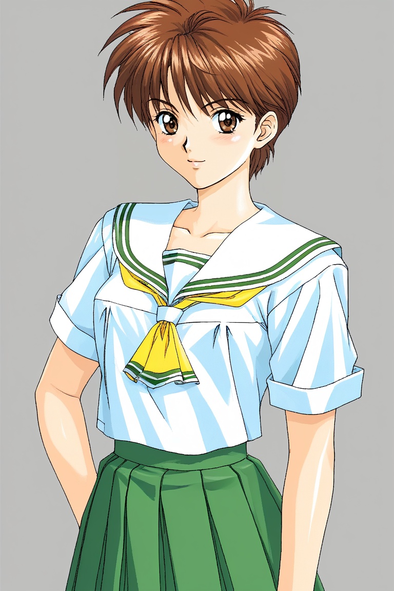 1girl solo,  short hair brown hair brown eyes school uniform,  serafuku on Tensor.Art