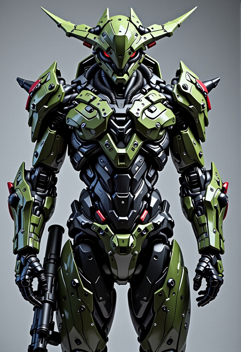 futuristic green metallic armor suit with intricate camouflage details,  giant futuristic weapon,  shoulder's canons on Te...