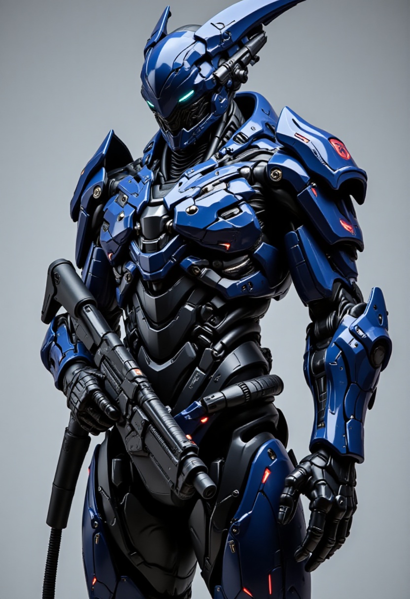 futuristic blue metallic armor suit with intricate camouflage details,  giant futuristic weapon,  shoulder's canons on Ten...