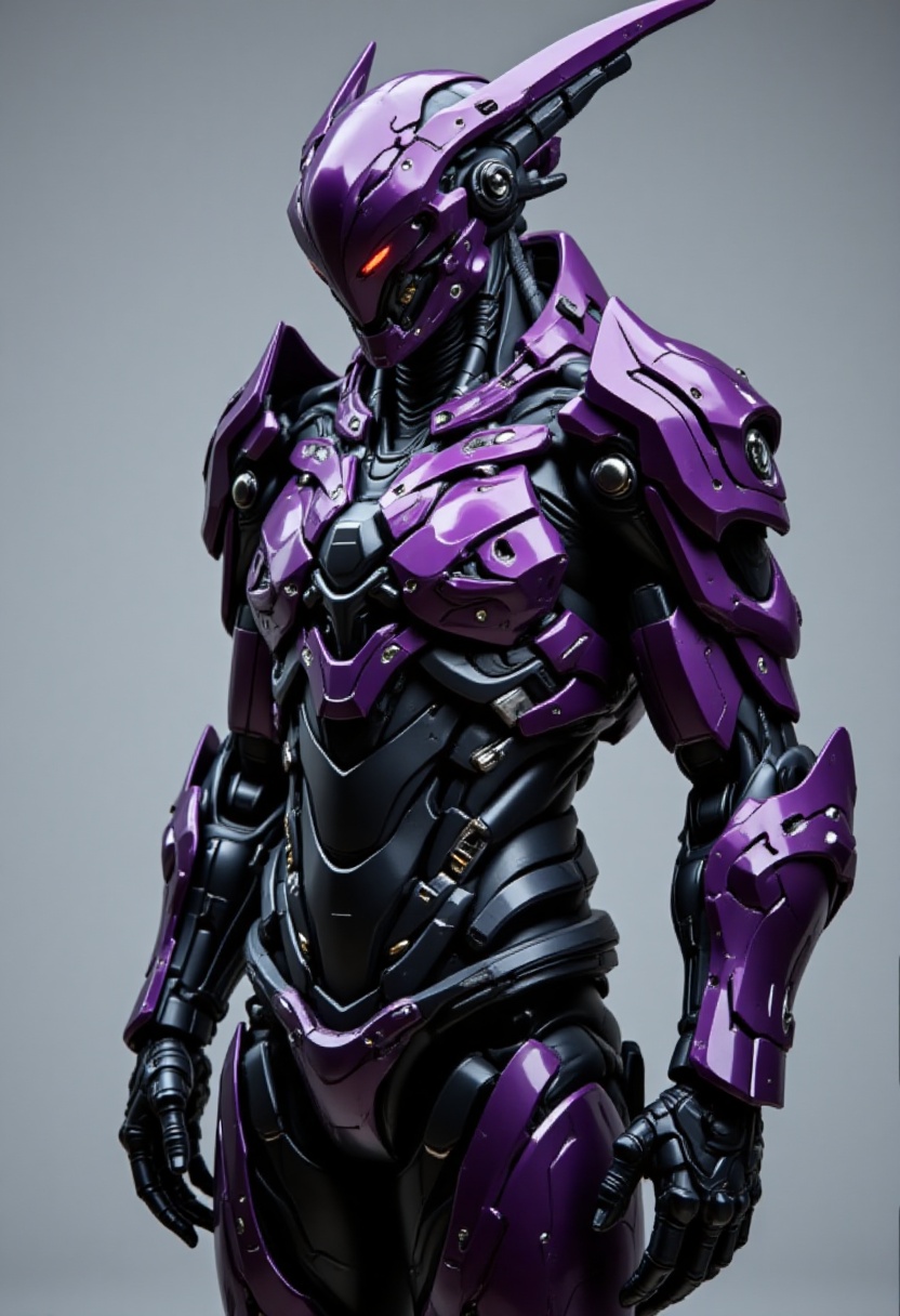 futuristic purple metallic armor suit,  grey background on Tensor.Art