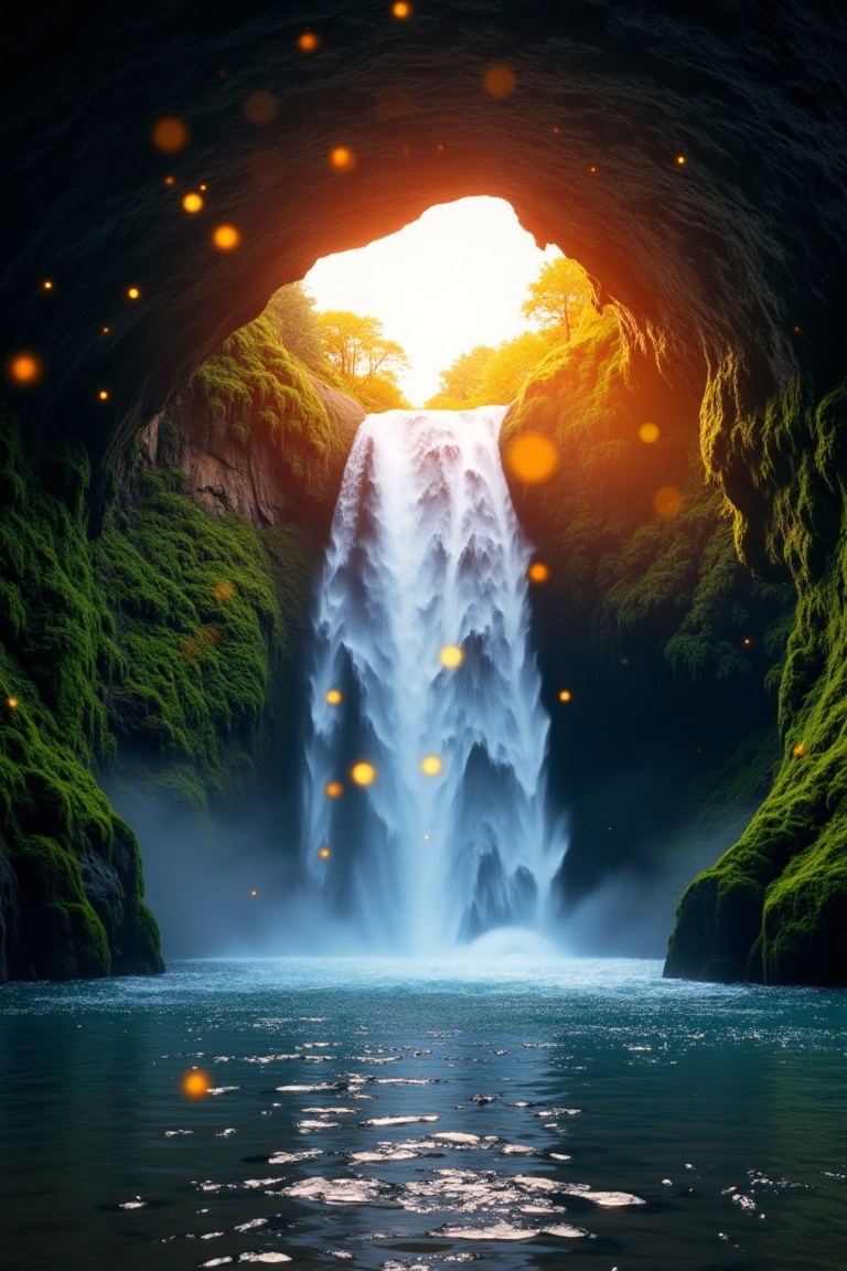 Ultra realistic,  a thermal water cave hidden in a waterfall,  fireflies flying around on Tensor.Art