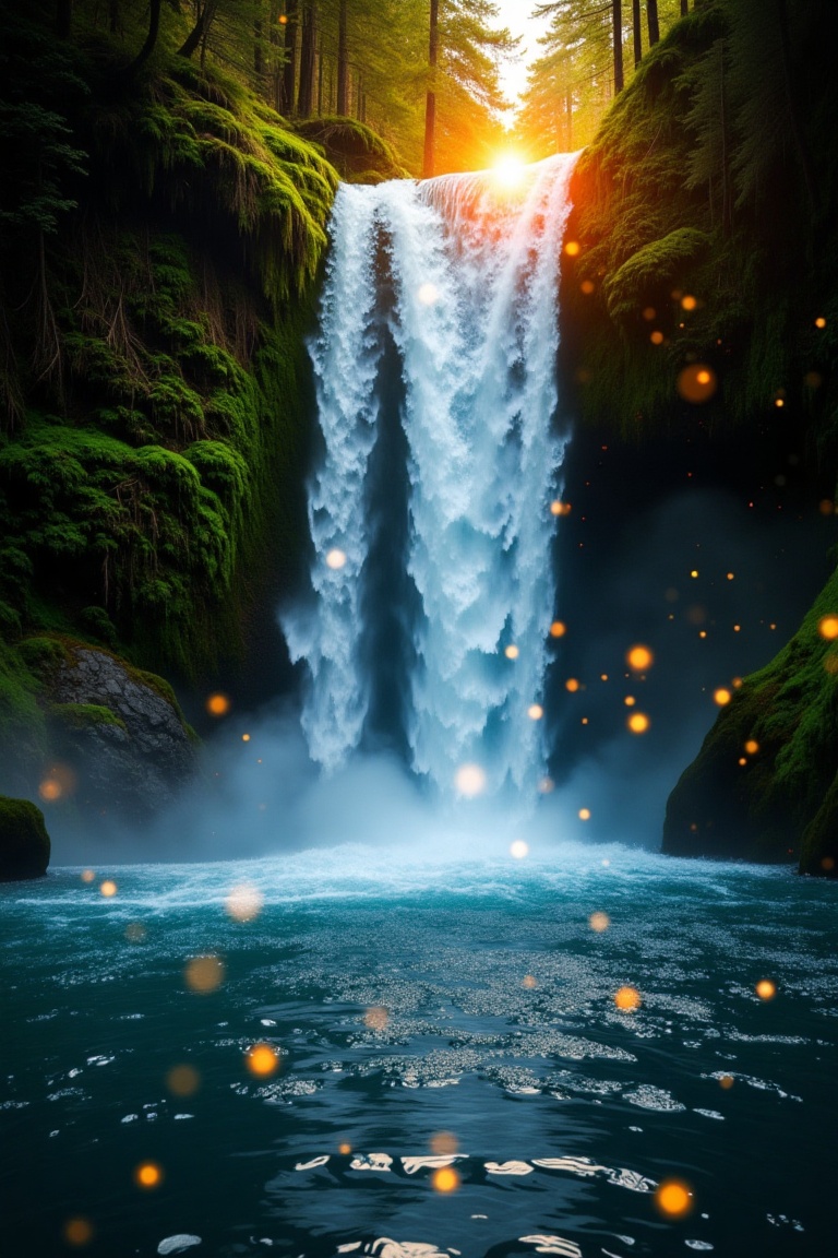 Ultra realistic,  a thermal water cave hidden in a waterfall,  fireflies flying around on Tensor.Art