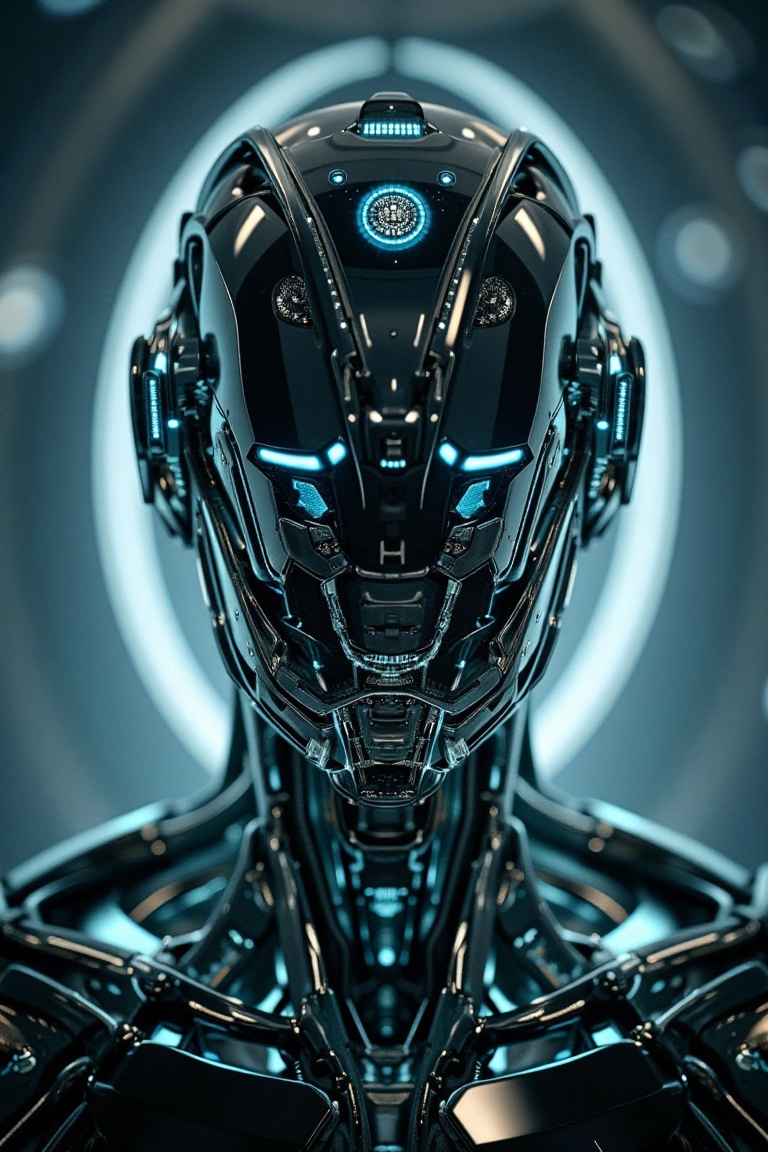 Close-up shot of a cyborg's head,  framed by a halo of light,  emphasizing its metallic sheen. as if rendered in 8K UHD. T...