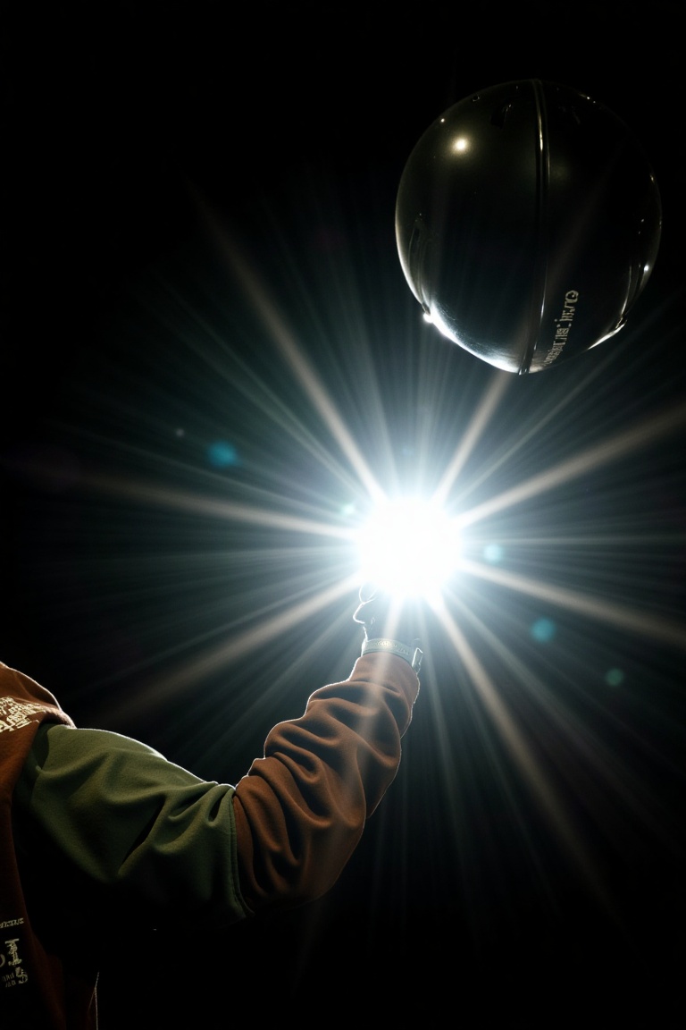 A close-up shot frames a person's arm,  illuminated by a radiant white light,  casting a warm glow on the dark green shirt...