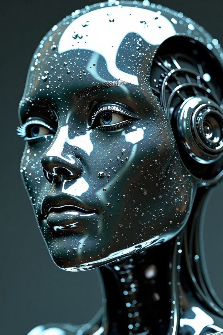 A close-up shot of a cyborg's head,  rendered in ultra-high detail with intricate textures of gleaming metal,  glass-like...