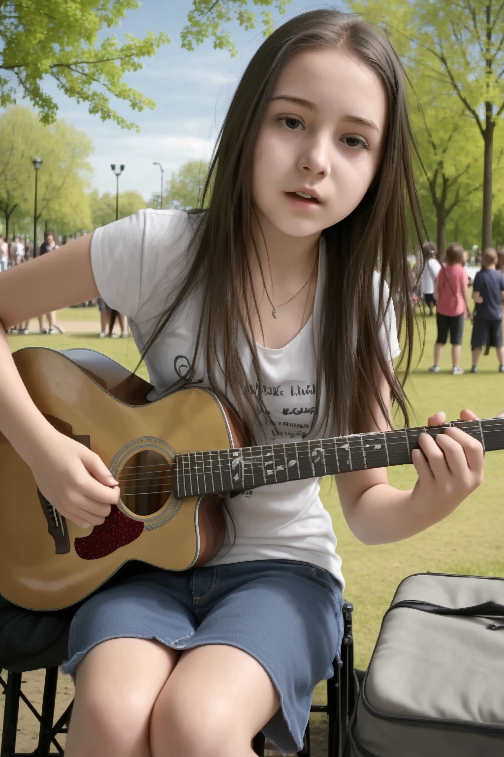 Young girl 15 years old,  playing in a beautiful park,  crowd on Tensor.Art