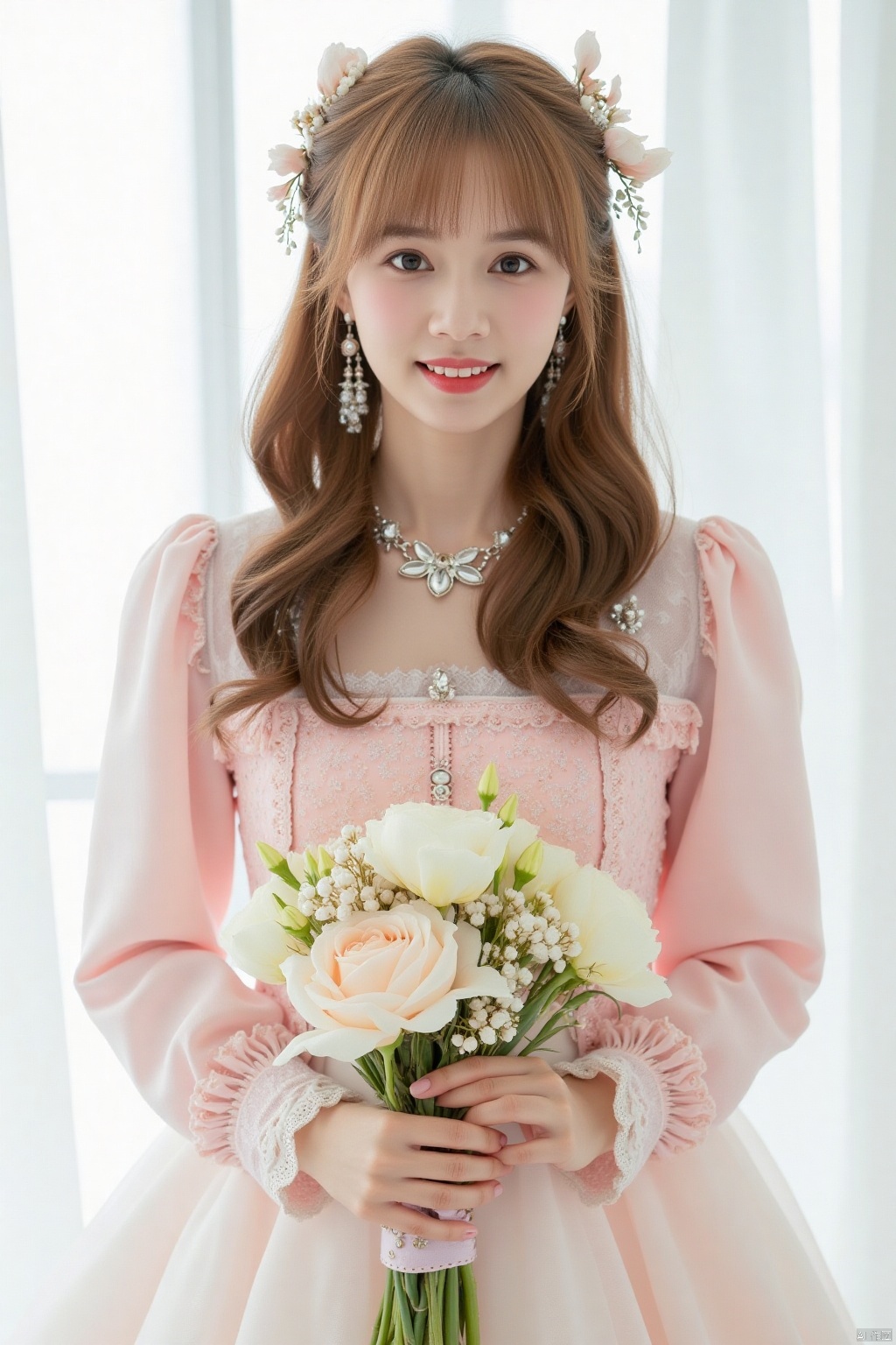 best quality, masterpiece, cowboy_shot,(Good structure), DSLR Quality,Depth of field,kind smile,looking_at_viewer,Dynamic pose, , 1girl, dreamy scene, white background, front viewer, looking at viewer, Flowers, romantic, Bride, UHD, 16k ,long hair,,floral print,kind smile,