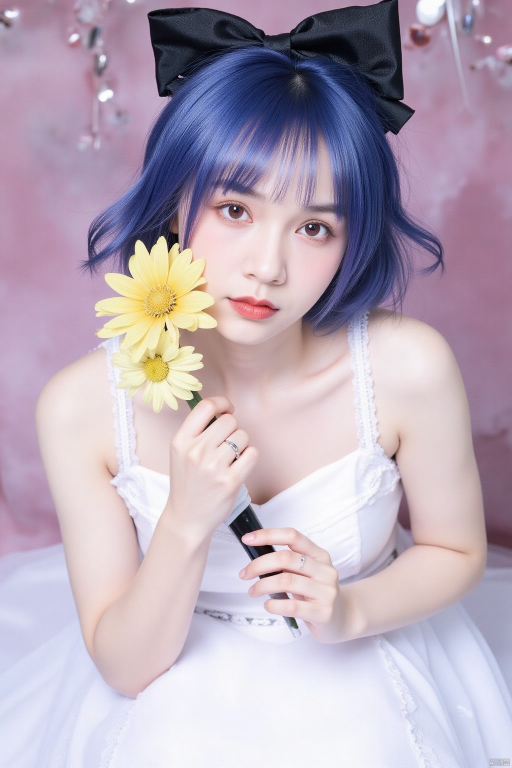 1girl, solo, looking at viewer, bangs, red eyes, dress, bow, holding, bare shoulders, closed mouth, blue hair, flower, hair bow, lying, sleeveless, white dress, black bow, tattoo, makeup, hair intakes, on stomach, cosmetics, lipstick tube