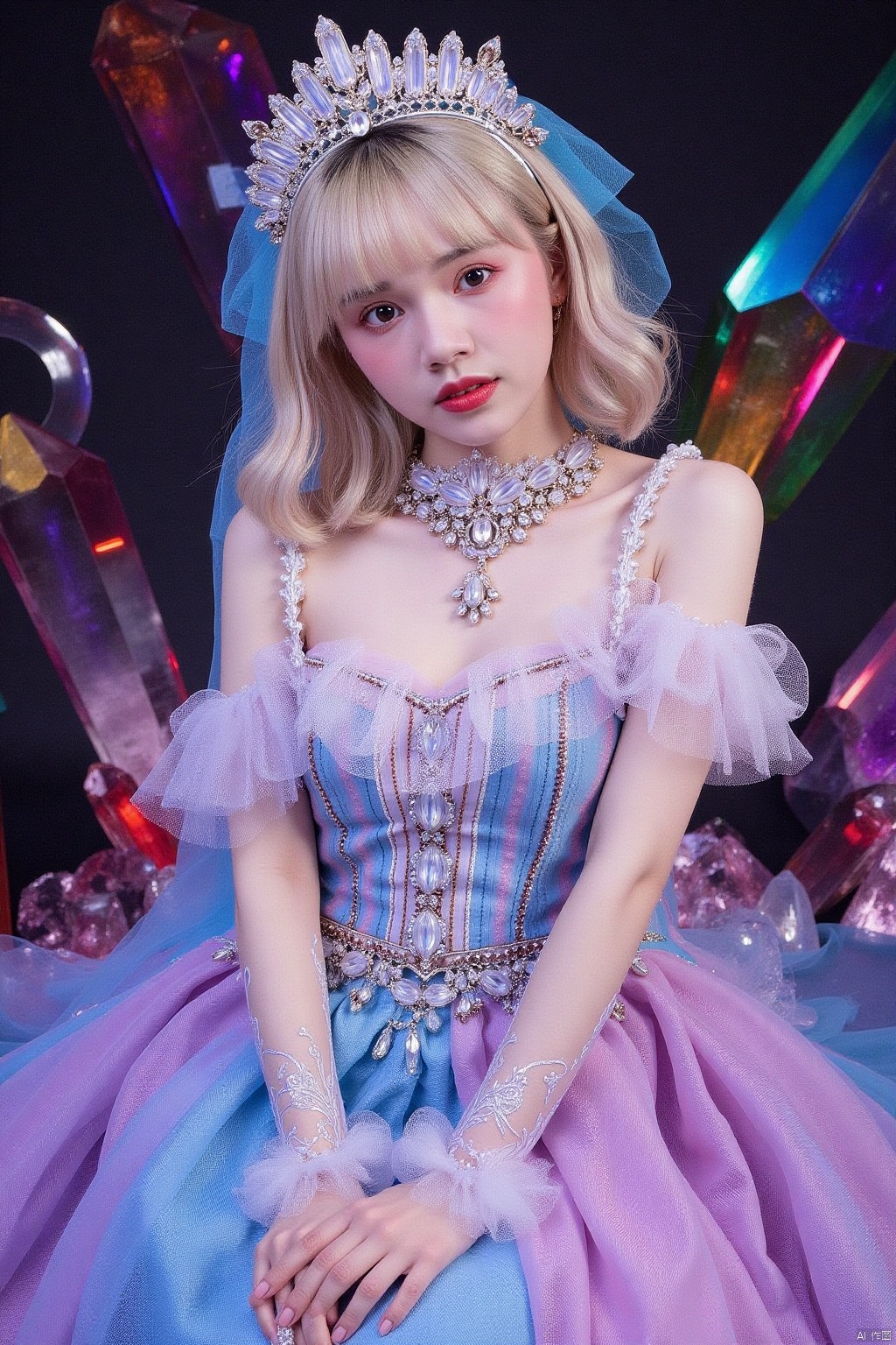 (Masterpiece), (Best quality), Extremely detailed, illustration, ((1girl)), (crystal dress),(colorful crystal),(colorful gradient hair:1.2), crystal headdress, crystal necklace, (body crystal), crystal shops, sitting posture,(colorful crystals),(transparent crystal),Crystal decoration, A crystal pendant,Crystal necklace,(colorfulhair:1.2),(Colorful dresses),High chiaroscuro, (huge crystal background), (colorful themes)