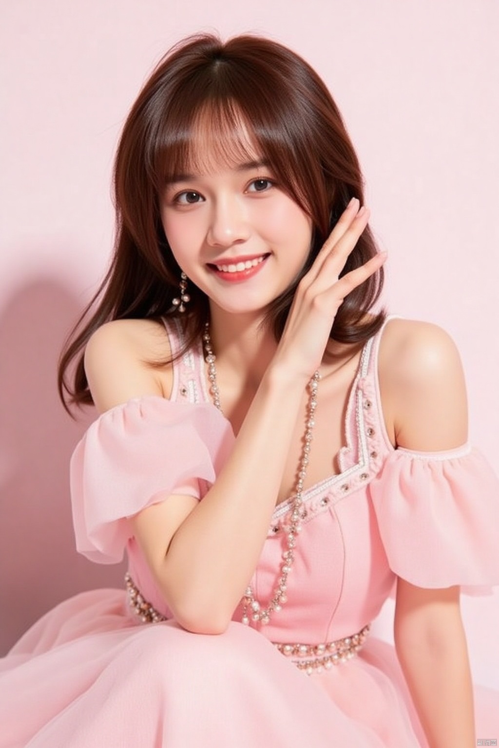 1girl, solo, long hair, looking at viewer, smile, brown hair, black hair, jewelry, closed mouth, earrings, pink dress
