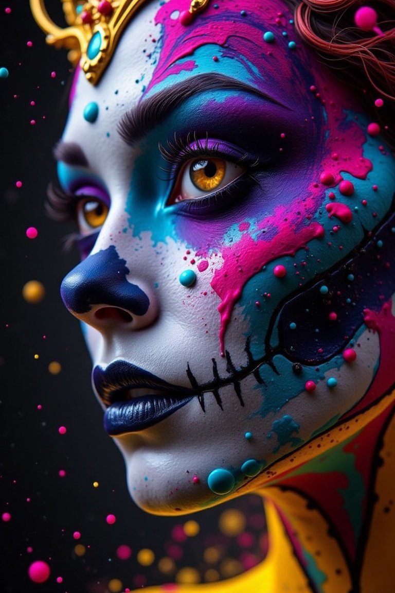 Closed up,  vibrant colour,  splashing and splattered paints of The Enchanted Undead Queen face on Tensor.Art